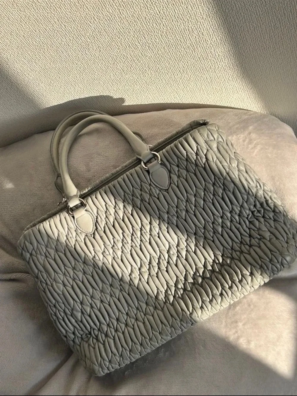 Miu Miu Quilted Gray Ruched Leather Satchel with Crystal Chain